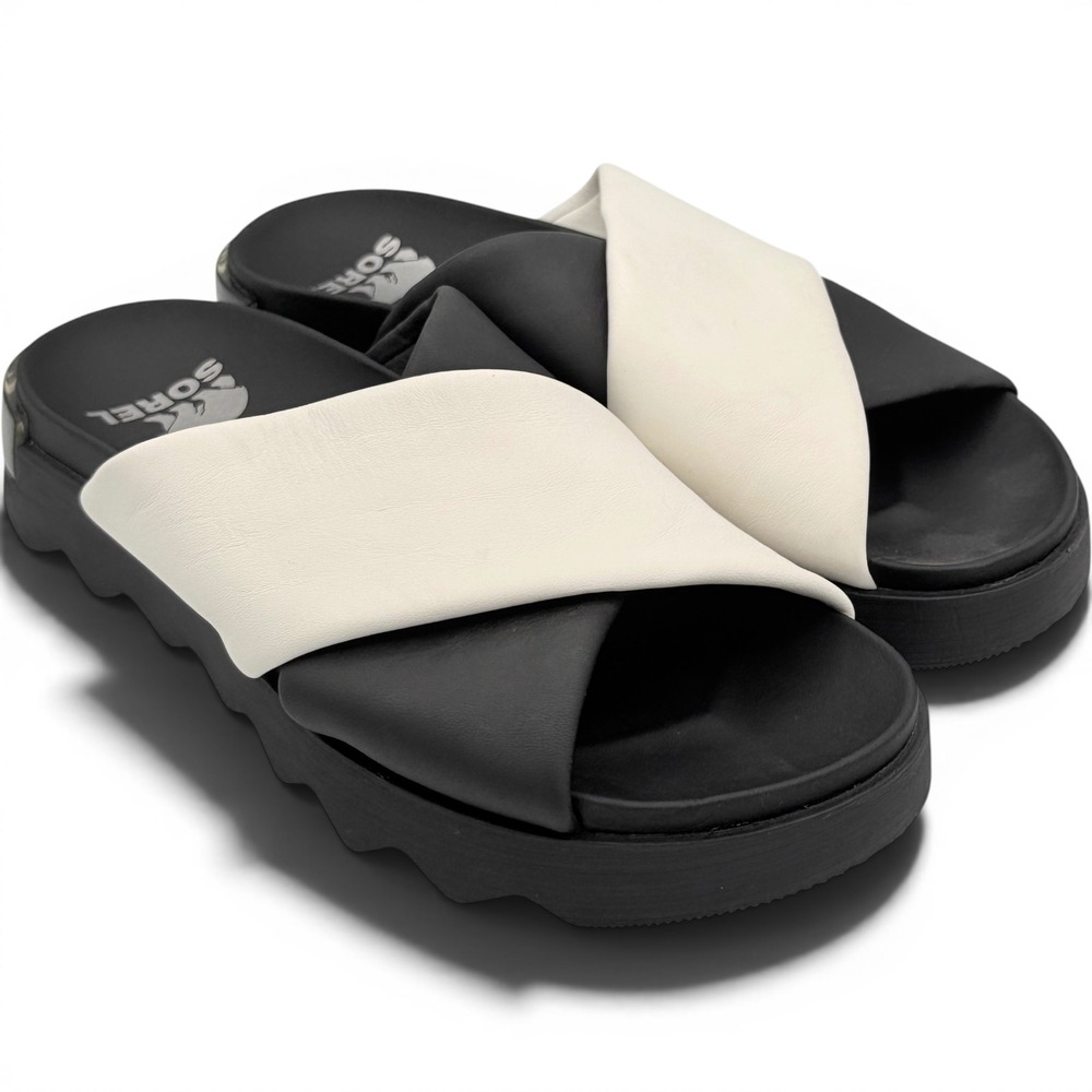 Sorel Viibe Sandal Womens 10 Black Sea Salt Leather Crisscross Slide 2076811-010